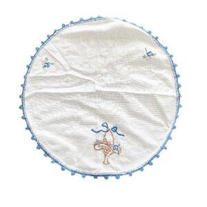 Vintage Hand Stitched Floral Crochet White Blue Linen Doily Table Centerpiece